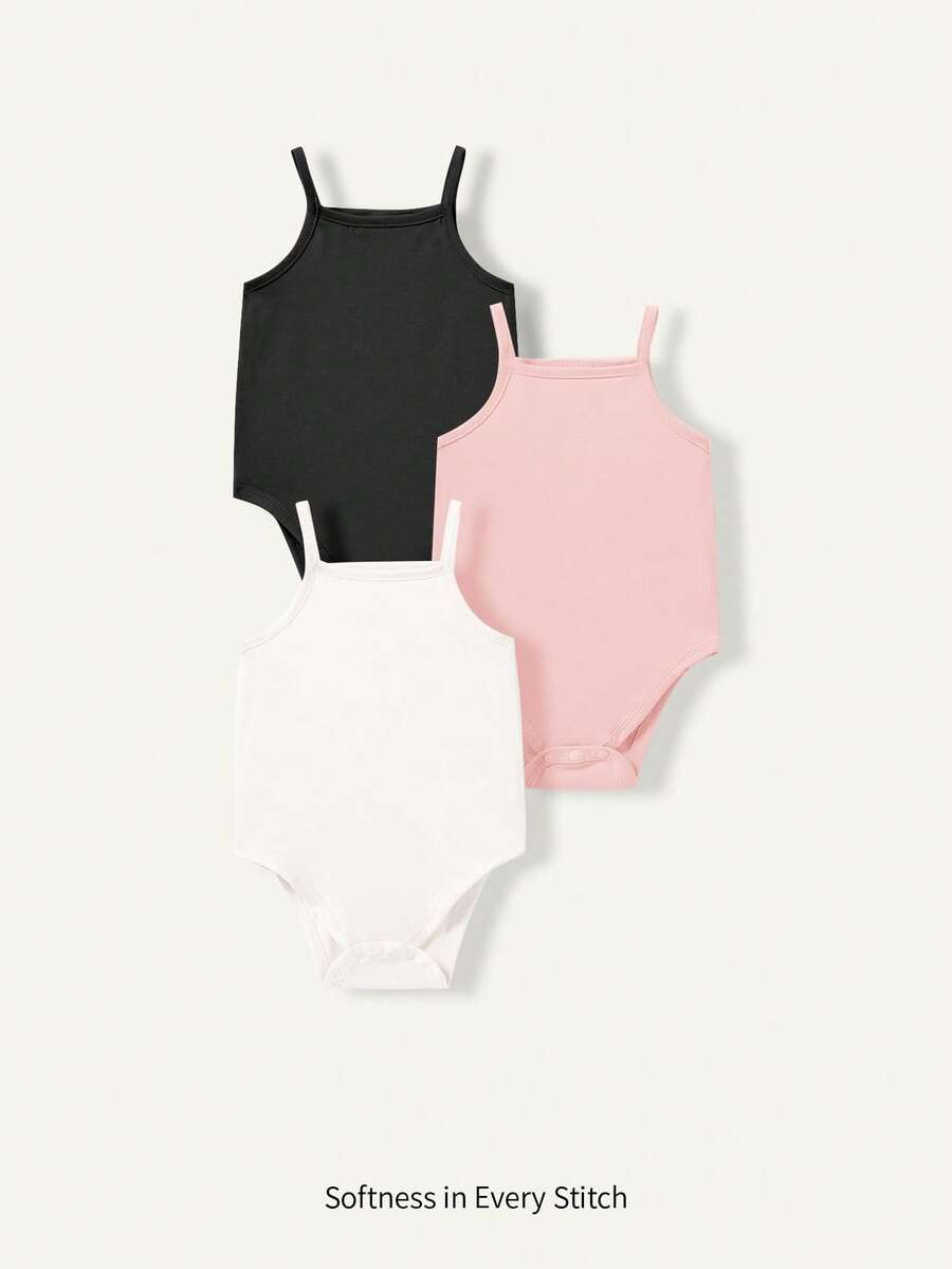 Cozy Pixies 3pcs/Set Baby Girls' Soft Solid Color Knit Camisole Romper Set - Multicolor - View 1