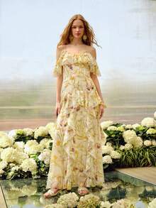 MOTF PREMIUM VESTIDO LARGO CON VOLANTES Y ESTAMPADO FLORAL ROMÁNTICO PARA MUJER, PRIMAVERA/VERANO - Multicolor - Ver 5