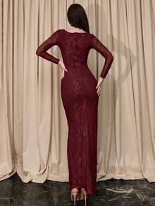 Bris Aura 女士秋冬新款派对/约会夜/晚会性感 S 形蕾丝长袖紧身胸衣式圆领修身长裙，黑色 - 酒紅色 - 查看 4