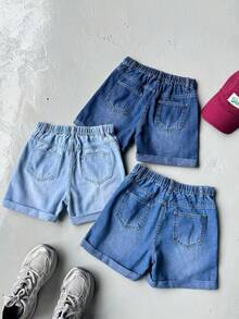 SHEIN 3Pcs Tween Boy Denim Shorts,Light Blue,Summer,Casual,School,Back-To-School,Vintage Y2k Streetwear Rolled-Edge Loose Mix And Match Versatile Outfit Set - Multicolor - View 2