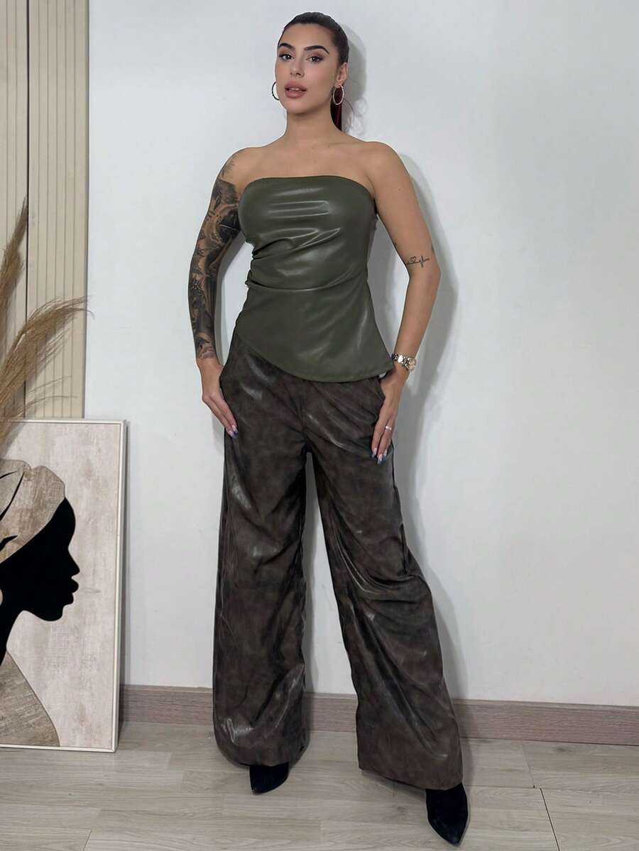 Bearsaez 女士皮革上衣时尚褶皱不对称下摆抹胸上衣，适合外出和聚会上衣 - 軍綠色 - 查看 1