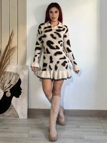 Bearsaez Women's Autumn/Winter Fashion Leopard Print Knit Ruffle Hem Bodycon Design Sweater Dress Fall Cloth For Women - Apricot - View 6