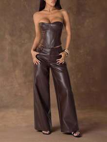 SHEIN Tall 女士纯色PU皮革口袋阔腿宽松裤 - 棕色 - 查看 4