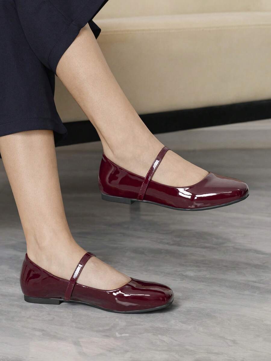 Sleekvia Women's Square Toe Slip-On Shoes, Burgundy PU Mary Jane Shoes For Commuting - Burgundy - View 1