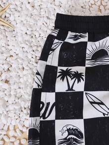 SUMWON 男童冲浪格纹泳裤，热带海滩图案，夏季泳裤，棕榈树波浪冲浪板设计 - 彩色 - 查看 5