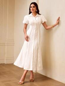ZEYLAH Đầm midi nữ mới với họa tiết thêu hoa, cổ áo, tay bồng, eo ôm, kiểu dáng thanh lịch lấy cảm hứng từ thiên nhiên. - trắng - Xem 1