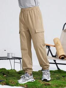 SHEIN 男童休闲纯色工装裤 - 卡其色 - 查看 2