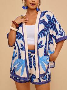 Travachic 大码热带印花衬衫短裤两件套，休闲度假装，女士夏季两件套，女士夏季服装，女士沙滩罩衫 - 藍白色 - 查看 1