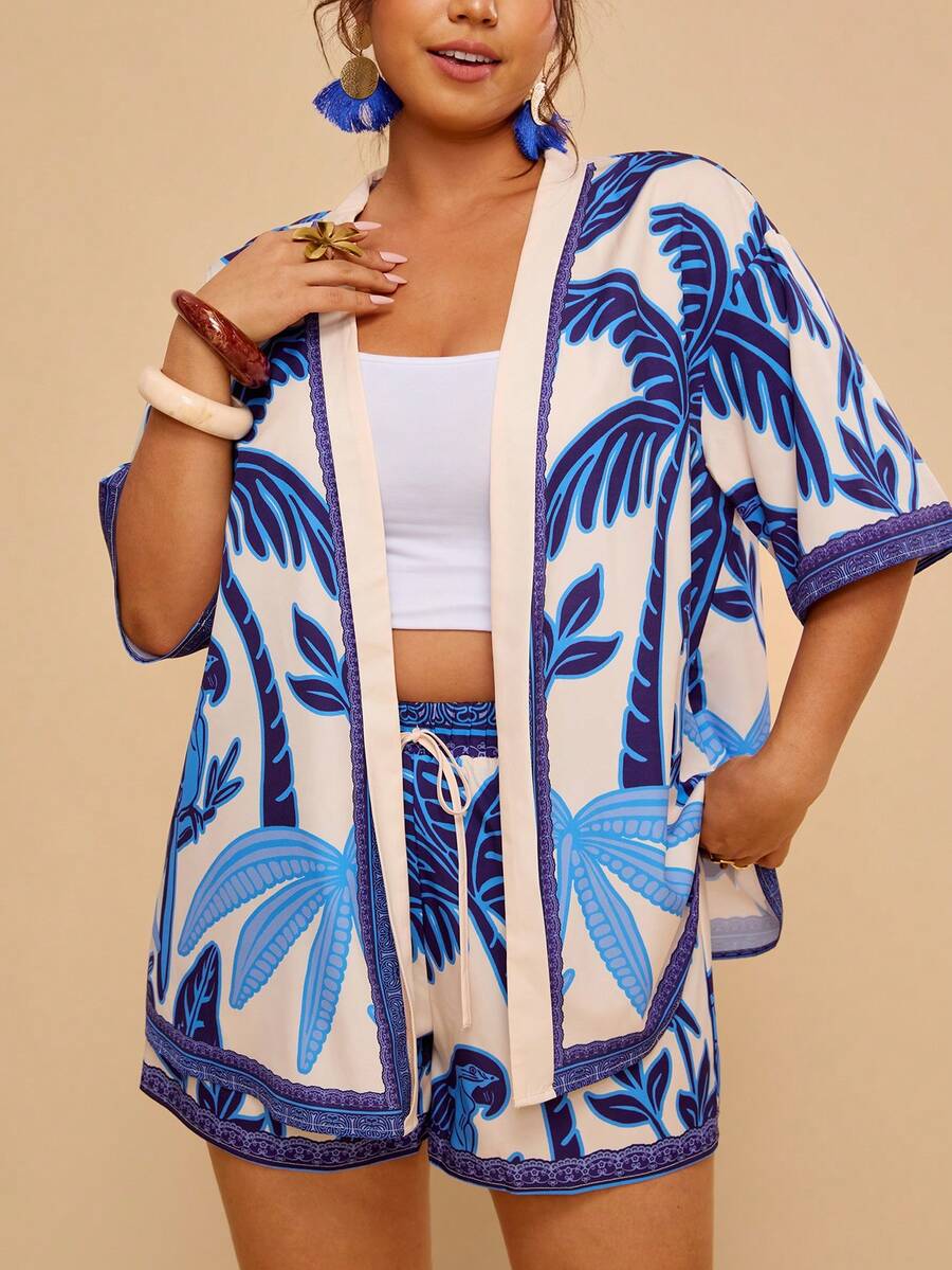 Travachic 大码热带印花衬衫短裤两件套，休闲度假装，女士夏季两件套，女士夏季服装，女士沙滩罩衫 - 藍白色 - 查看 1