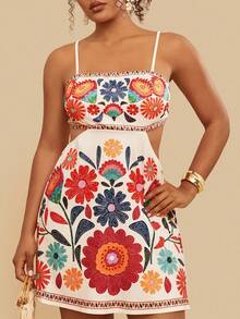 Travachic 加大码热带彩色鹦鹉印花露背无袖休闲夏季度假连衣裙 - 彩色 - 查看 6