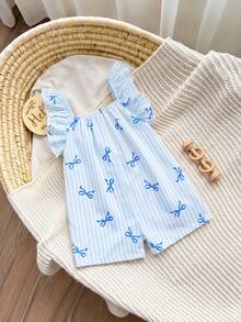 Baby Girl Summer Cute Blue & White Striped Bow Ruffle Trim Romper - Mint Blue - View 6