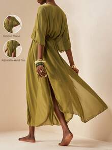 Zivah 2026 女士度假休闲沙滩薄纱雪纺抽绳腰带长款和服罩衫 - 軍綠色 - 查看 2