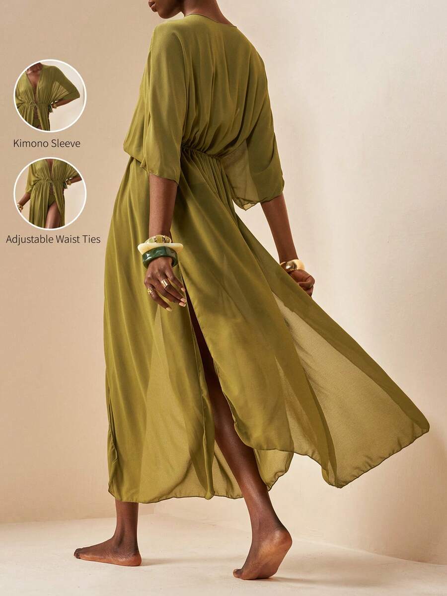 Zivah 2026 女士度假休闲沙滩薄纱雪纺抽绳腰带长款和服罩衫