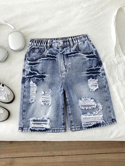 大码女童休闲时尚简约做旧水洗牛仔短裤