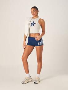 Missguided x Playboy 翻折腰带高腰海军蓝短裤，饰有53号标志，适合休闲穿着 - 藍色 - 查看 3