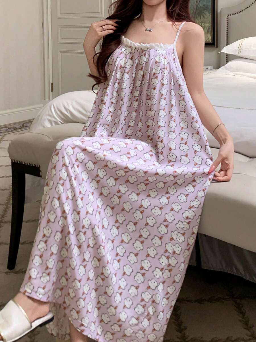DAZY Đầm dài rộng không tay in hình chó đáng yêu, đầm ngủ mùa hè cho nữ. - Màu tím - Xem 1