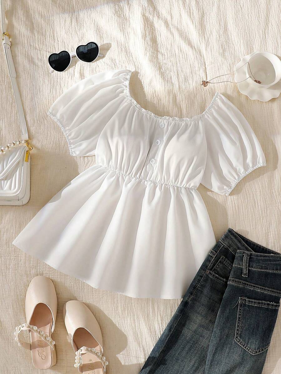 SHEIN 优雅甜美少女 BM 风格方领泡泡袖露脐吊带 T 恤，白色（女款） - 白色 - 查看 1