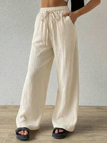 SHEIN EZwear 卡其色棉质宽松纹理褶皱抽绳腰裤 - 卡其色 - 查看 4