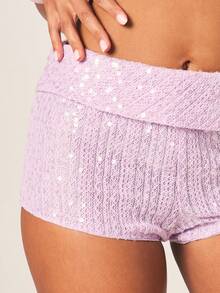 MISSGUIDED Shimmer Sequin High Rise Micro Shorts With Fold Over Waistband Detail Summer Festival Sparkly Party Bottoms - Mauve Purple - View 5