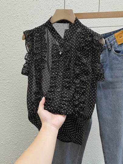 Franclia Women's Black Polka Dot Chiffon Blouse, Elegant Romantic Ruffle Hem