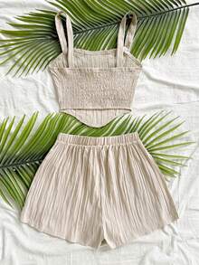 Soleia Bộ đồ 2 món dành cho nữ, kiểu dáng thường ngày, màu trơn, gồm áo hai dây và quần short, thích hợp cho kỳ nghỉ. - Màu Khaki - Xem 2