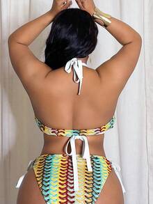 Slaydiva Bikini Seksi untuk Pantai dan Resor, 2 Potong, Warna Polos, Model Halter Tie untuk Wanita Ukuran Plus - MultiWarna - View 2