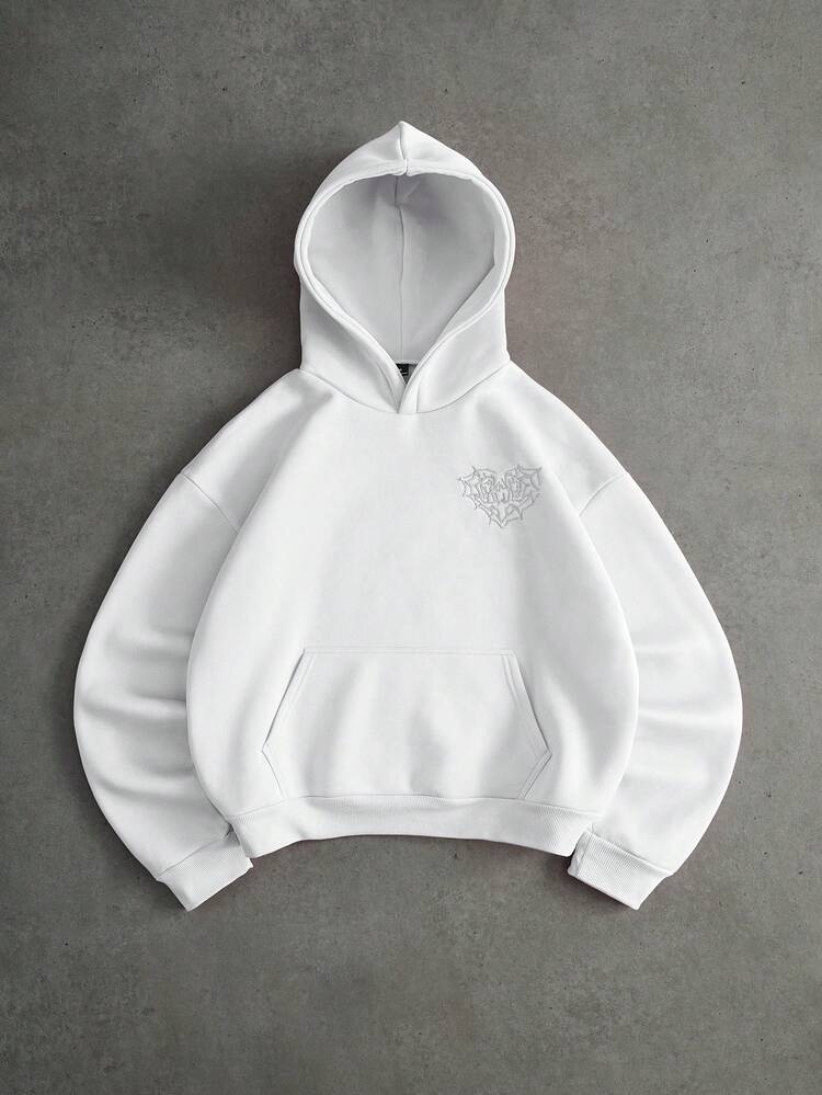 PAVTROS Men's Street-Style Popular Spider Web & Heart 3D Embroidery "LOVE" 3D Embroidery Hoodie, Suitable For Outdoor Music Festivals, Daily Outings, Gatherings With Friends, Gifts For Boyfriend/Husband, Anniversary Gifts, Y2K - White - View 3