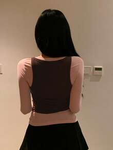 DAZY 2pcs/Set Women Solid Color Crew Neck Long Sleeve T-Shirt And Sleeveless Casual Tank Top, Spring/Autumn Lounge Sets For Women - Pink - View 2