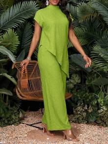 SHEIN Lady Thời trang cỡ lớn mùa xuân, hè, thu đông, áo sơ mi dệt màu xanh lá cây cổ đứng tay raglan bất đối xứng tay dài tay ngắn, bộ đồ cỡ lớn, trang phục đi nghỉ hè, bộ đồ mùa xuân cho nữ, bộ đồ thường ngày cho nữ, trang phục đi nghỉ mát, đi chơi, bộ sưu tập quần áo thời trang. - Màu xanh Ô liu - Xem 5