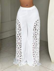SHEIN BamGlam 女士度假休闲纯色镂空刺绣阔腿裤 - 白色 - 查看 7
