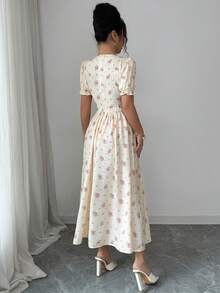 Modelyn 女士夏季休闲碎花印花收腰花瓣袖中长连衣裙 - 彩色 - 查看 4