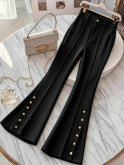 GlowEve CURVE 大码女式高腰弹力腰金属纽扣装饰显瘦喇叭裤，春夏款