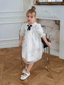 DAZY Girls (Small) Sweet Peter Pan Collar Bow Beaded Mesh Dress, Summer New Arrival - White - View 5