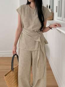 DAZY Women's Casual Vacation & Commute Bat Wing Pleated Waist Top And Wide Leg Pants 2 Pieces Set, Spring/Summer/Autumn - Khaki - View 1