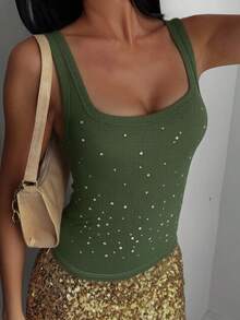 DAZY New Arrival Autumn/Winter Rhinestone Decor Fitted Women Camisole Summer - Green - View 4