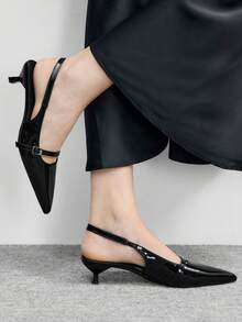 CUCCOO BIZCHIC Giày sandal cao gót mũi nhọn bằng da bóng màu đen dành cho nữ, có quai cài phía sau, kiểu dáng mới, thích hợp cho đi làm hàng ngày, đa năng. - màu đen - Xem 3
