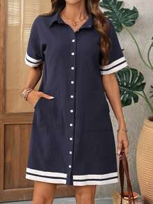 EMERY ROSE Women's Casual Contrast Trim Button Front Mini Dress, Summer - Navy Blue - View 7