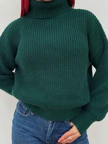 Bearsaez 罗纹针织高领落肩毛衣、长袖上衣 - 墨綠色 - 查看 5