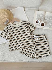 LMoss Kids 2pcs Baby Girl Knitted Striped Round Neck T-Shirt And Shorts Set - Multicolor - View 4