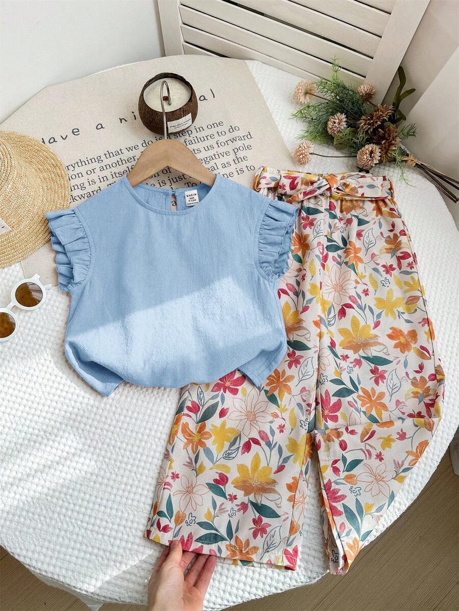 LMoss Kids 2件套女婴纯色荷叶边领上衣和宽松碎花裤套装 - 藍色 - 查看 1