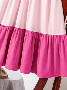 SHEIN Young Girl Casual Patchwork Color Block Cap Sleeve Round Neckline Picnic Dress,Light Pink,Summer,Fairy,First Birthday,Holiday - Pink - View 6