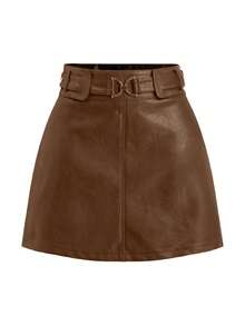 Ellevyn Women's Elegant Decorative Button A-Line PU Leather Mini Skirt - Rust Brown - View 4