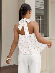 Muchica 女士休闲露背吊带印花背心，夏季 - 白色 - 查看 2