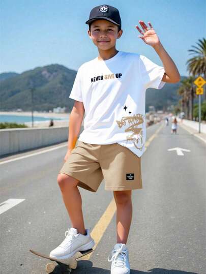 2pcs/Set Tween Boy Casual School Style Cute Pattern Round Neck T-Shirt And Shorts Set,Suitable For Commuting,Daily Wear,Sports,Spring/Summer