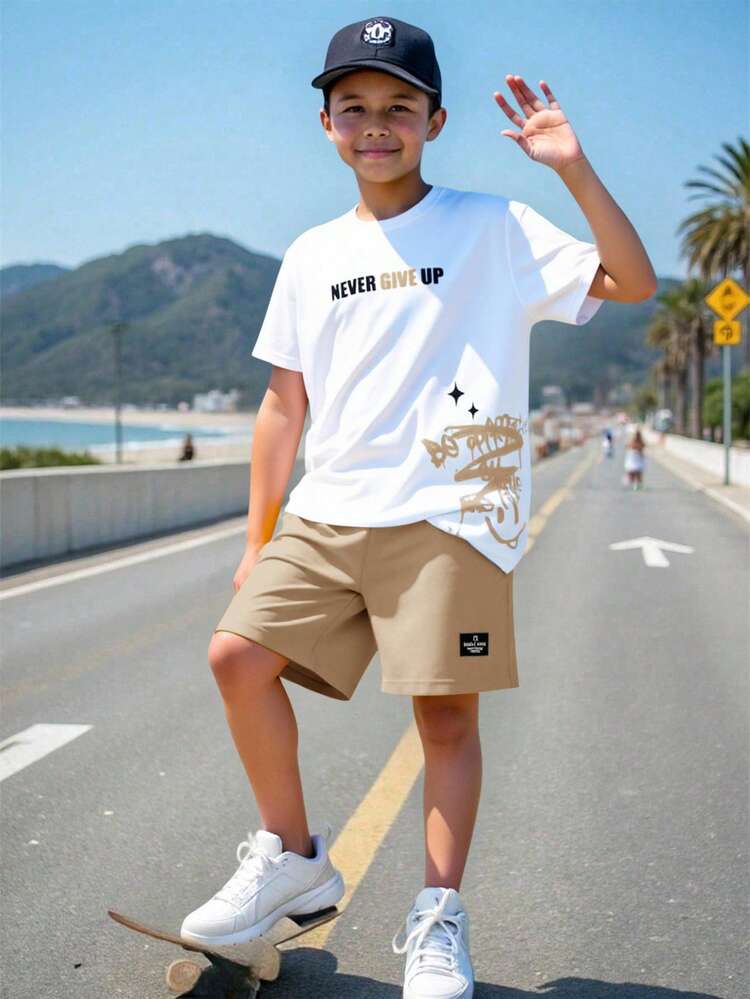 2pcs/Set Tween Boy Casual School Style Cute Pattern Round Neck T-Shirt And Shorts Set,Suitable For Commuting,Daily Wear,Sports,Spring/Summer - Khaki - View 1