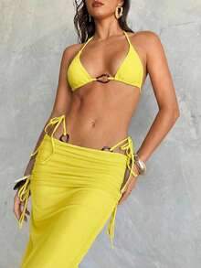 Aloruh 女士三件套比基尼套装，性感优雅复古浪漫咖啡色迷你三角杯吊带上衣、迷你丁字裤和超长纱笼裙，度假/海滩装扮 - 黃色 - 查看 4
