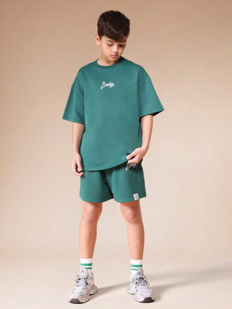 Tween Boys Brooklyn Slogan Coordinating Set Sage Green Oversized T-Shirt And Matching Shorts Casual Summer Outfit