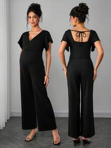 SHEIN 孕妇纯色V领镂空休闲短袖连体裤 - 黑色 - 查看 1