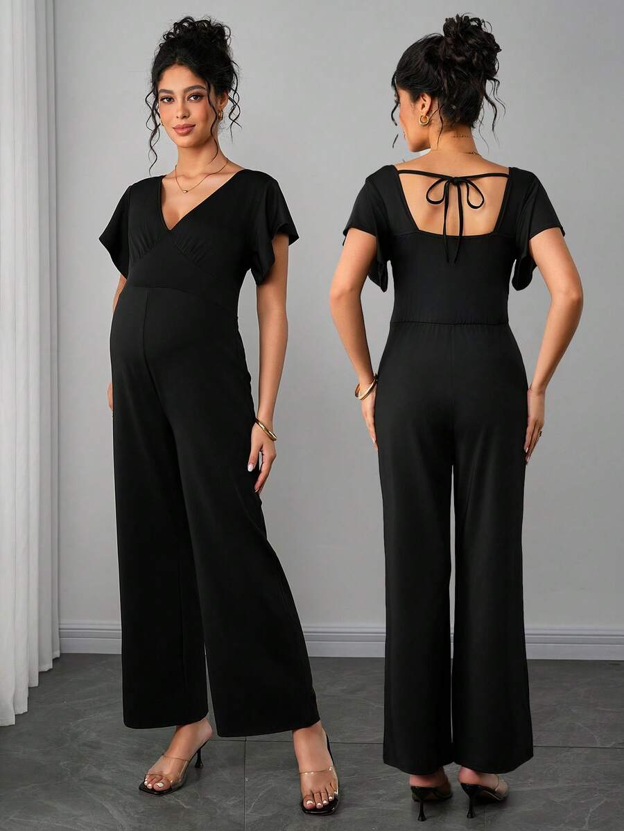 SHEIN 孕妇纯色V领镂空休闲短袖连体裤 - 黑色 - 查看 1