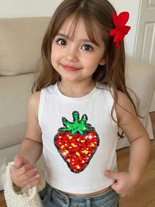 SHEIN Young Girl Casual Cute Sweet Textured Strawberry Pattern Sleeveless Round Neck Tank Top, Cream White, Vacation Vibe, Summer Fruit, Suitable For Summer, Vacation, Daily Wear, Valentine's Day - Multicolor - View 1